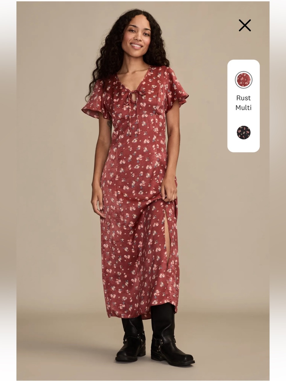 NWT Lucky Brand Rust Red Floral Flutter Sleeve Midi Dress Boho Front Slit XXL